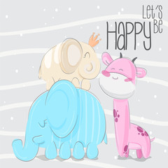 Cute animal cartoon animal elephant with giraffe illustration for kids