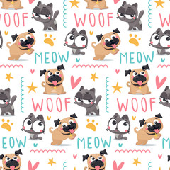 Seamless cute vector animal pet pattern with pug dogs and cats, paw and bone, meow and woof