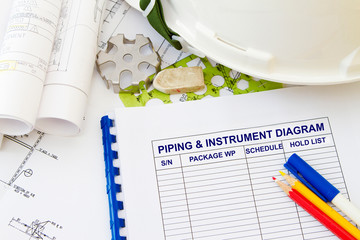 Piping and instrumentation diagram- with hard hat and plans