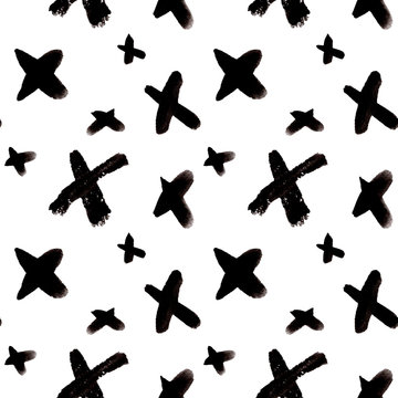 Abstract simple trendy seamless pattern. Black and white. Brush strokes, lines and small crosses, hand drawn in doodle style.