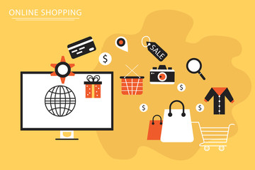 E-commerce online store flat banner web page design with shopping cart and sale items icons vector