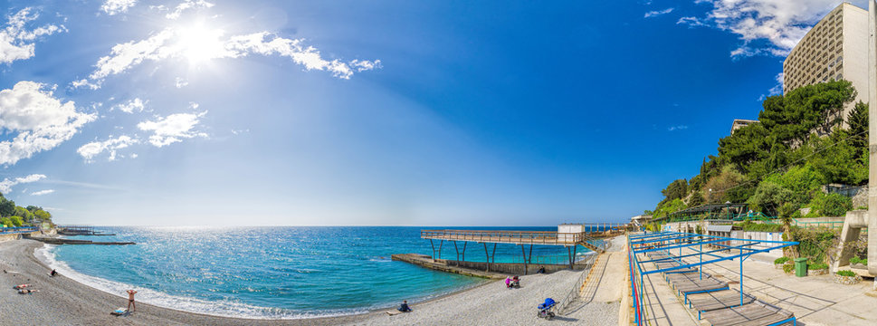 off season beaches, clear sea, mountains. The coastal strip of Mishor and Gaspra, Near Yalta city, Crimea Landscape. Copy space. The concept of calmness, silence and unity with nature