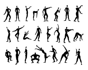 Set with people silhouettes. Vector hand-drawn illustration. The set contains different silhouettes of people in different poses. Vector illustration with people who stand, run, sit, dance. 
