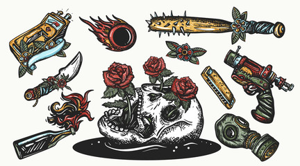 Post apocalypse elements. Tattoo art. Skulls, roses, baseball bats with spikes. Symbol of survival, doomsday, nuclear war. Post apocalyptic weapons, gas mask,gun, knife and geiger counter