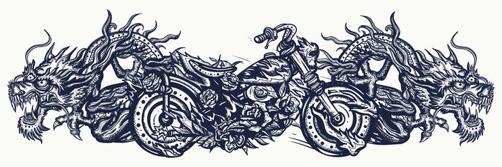 Biker art. Burning chopper motorcycle and asian dragons. Lifestyle of racers. Tattoo and t-shirt design. Cool motorbike, moto sport concept © intueri