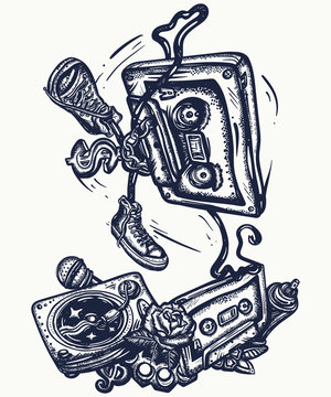 Old school music. Audio cassette dances break dance. Funny art. Musical street culture. Cool hip hop break dancer. Tattoo and t-shirt design. Vinyl, microphone, rap battle