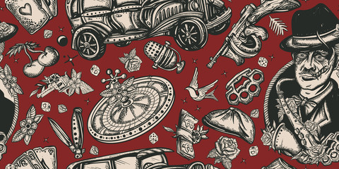 Mafia pattern. Retro crime seamless background. Boss plays saxophone, bandits weapons, retro car, casino, robbers. Criminal, old noir movie background. Gangsters. Traditional tattooing style