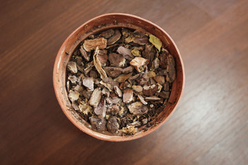 Fototapeta na wymiar A flower pot with soil or ground.