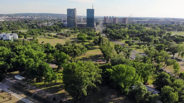 Aerial view of Usce park and Usce towers in Belgrade, Serbia