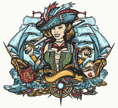Pirate girl and ships. Cartoon character. Sea wolf female. Crime sailor woman portrait, pin up style. Old school tattoo art. Marine adventure t-shirt design