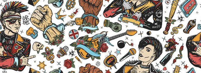 Punk girl lifestyle. Seamless pattern. Punker with mohawk, electric guitar, rock woman. Hooligans. Anarchy art. Music concept. Rock culture musical background