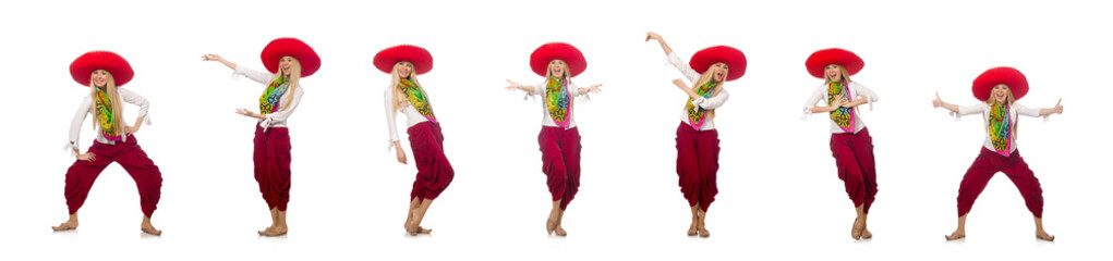 Mexican girl with sombrero dancing on white