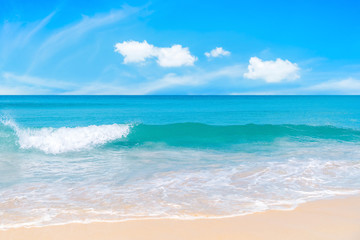 Beautiful tropical beach with blue sky and white clouds abstract texture background. Copy space of...
