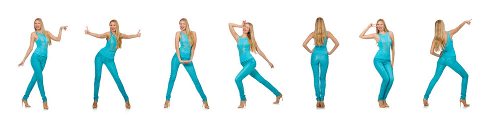Pretty blond woman in blue pants and shirt isolated on white