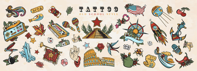 Tattoo elements collection. Big set for design. Old school tattooing concept