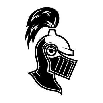 Illustration of knight helmet in engraving style. Design element for logo, label, emblem, sign. Vector illustration