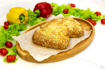 Pie, tart, pastry, baked gate with filling on a plate on the table, lunch, fast food
