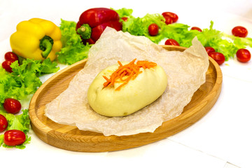 Pie, tart, pastry, baked gate with filling on a plate on the table, lunch, fast food
