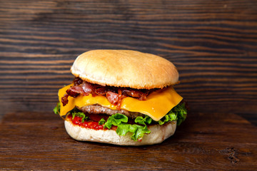 Burger, hamburger with meat and vegetables, fast food