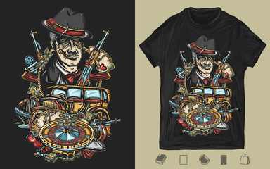 Criminal mafia boss portrait. Gangster leader. Crime man smokes cigar, gangster car, casino roulette, weapons, playing cards. Creative print for dark clothes. T-shirt design