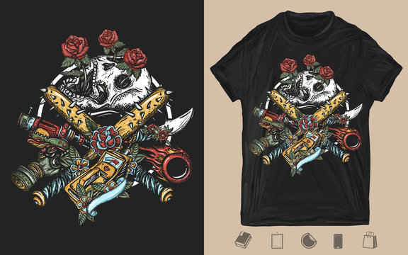 Post apocalyptic art. Skulls, roses, baseball bats with spikes. Creative print for dark clothes. T-shirt design. Template for posters, textiles, apparels. Post apocalypse concept