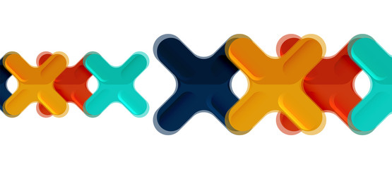 Glossy multicolored plastic style cross composition, x shape design, techno geometric modern abstract background. Trendy abstract layout template