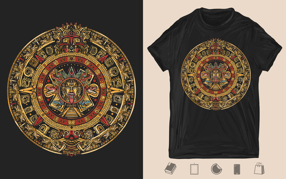 Aztec sun stone. Creative print for dark clothes. T-shirt design. Template for posters, textiles, apparels. Mayan calendar. Ancient hieroglyph signs and symbols. Mexican mesoamerican monolith
