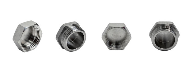 Set of metal plugs (caps) in different angles of male threaded and female threaded isolated on...