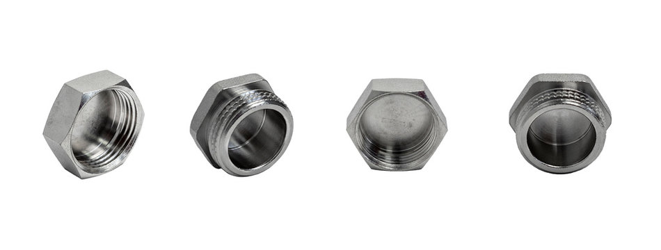 Set of metal plugs (caps) in different angles of male threaded and female threaded isolated on white background. Pipe fittings.