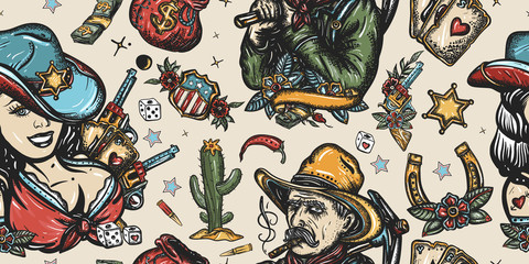 Wild West seamless pattern. Western background. Cowboy girl and gold digger, guns, bags of money, playing card, golden horseshoe, USA map. American history art. Old school tattoo style