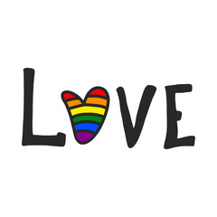 Love vector lettering, rainbow flag inside heart. gay Pride. LGBT concept. Sticker, patch, t-shirt print, logo design. on white background