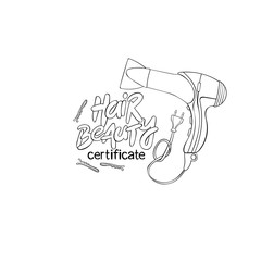Hair beauty. Certificate. Lettering. Hair dryer and hairpins. Isolated vector object on white background.
