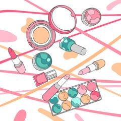 Fototapeta na wymiar Cosmetics. Lipstick, mascara, powder, nail polish. Art. Isolated vector objects on a white background.