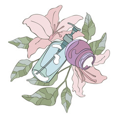 Cosmetics. Cream and tonic. Flowers and leaves. Lily. Art. Isolated vector objects on a white background.