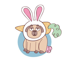 Cute pug dog. Pug puppy. Cartoon animal. Bunny and carrot. Isolated vector object on white background.