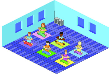 Isometric yoga class. Colorful vector illustration. Simple design