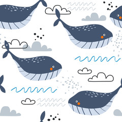 Happy whales, hand drawn seamless pattern. Marine background vector. Colorful illustration, overlapping backdrop. Decorative cute wallpaper, good for printing