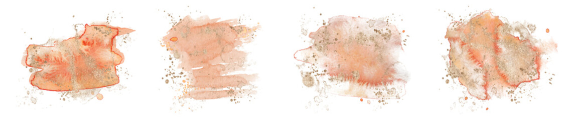 Abstract watercolor pink and gold shapes on white background. Color splashing hand drawn vector