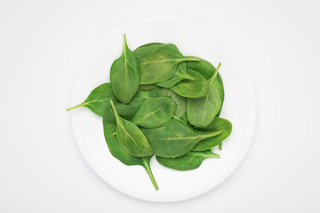 Top above overhead view photo of a plate full of baby spinach isolated on white background