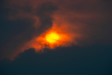 Sunset with cloudy sky in Latin America, rainy winter sky.