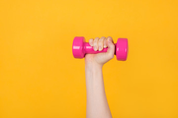 Fototapeta na wymiar Working out concept. Cropped photo of determined woman holding pink dumbbell in her hand isolated on yellow background