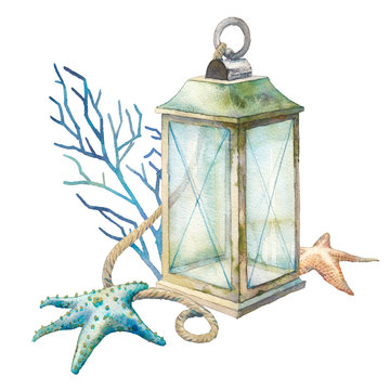 Coastal poster: vintage lantern, coral, sea starfish, rope. Isolated illustration on white background