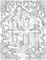 coloring book page for adult. Vector line art, cottage in summer garden. printable old house image
