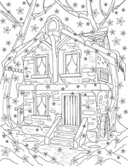 coloring book page for adult. Vector line art, cottage in  winter garden. printable old house image