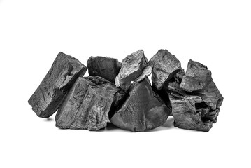 Natural black wooden charcoal or traditional hard wood charcoal isolated on white background.
