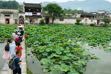 The Hongcun village stone footbridge traverses Moon Pond.