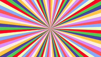 Abstract starburst background with yellow, purple, red, orange, green, blue rays. Banner vector illustration.