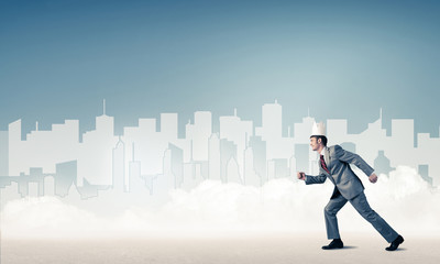 King businessman in elegant suit running and blue cityscape silhouette at background