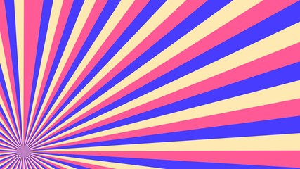 Abstract starburst background with pink, blue, yellow, red rays. Banner vector illustration.