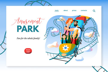 Amusement park sitepage template. Roller coaster ride flat vector illustration. Cheerful children and scared adults cartoon characters. Happy kids with parents having fun on fast attraction.